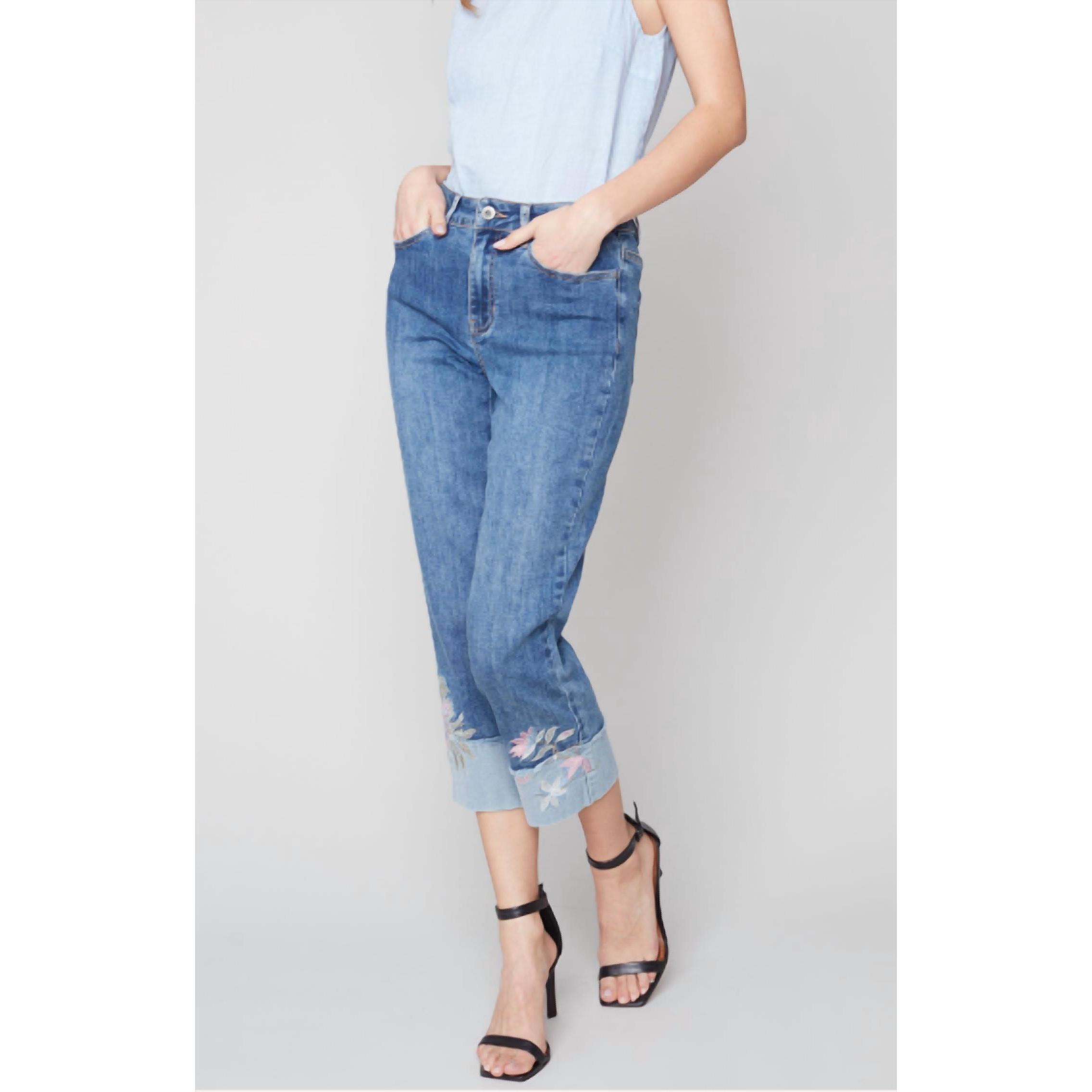 New Charlie B Embroidered Cuff Capri Jean - C5399-431a In Med Blue